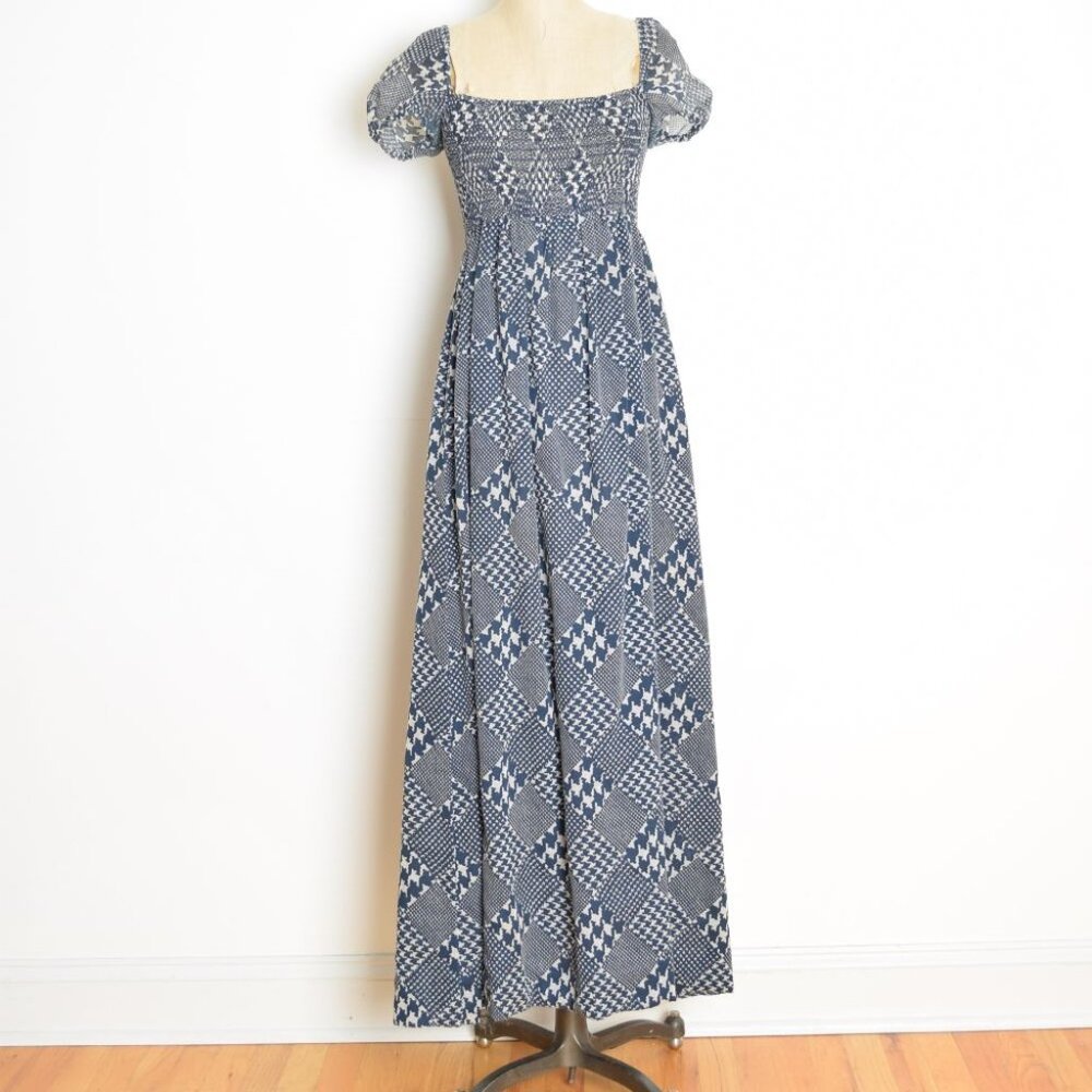 vintage 70s maxi dress boho hippie cottagecore prairie long navy smocked XS S